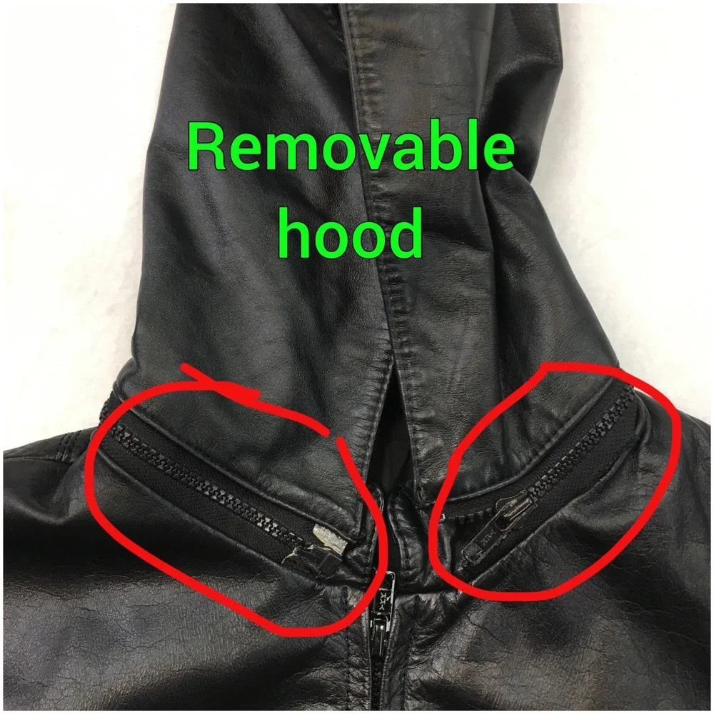 VINTAGE LEATHER HOODED JACKET MENS‎ BLACK REMOVABLE HOOD ZIPPER SIZE 40